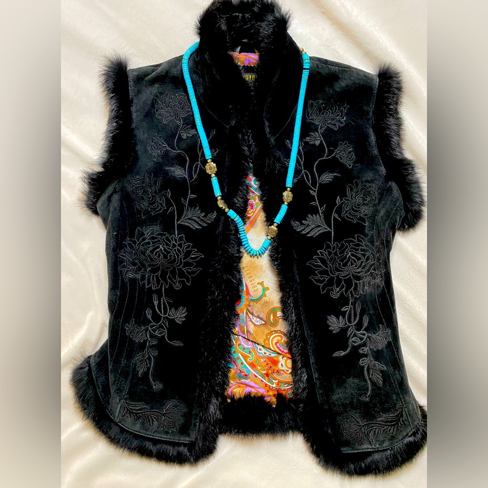 Georgiou studio leather fur embroidered vest